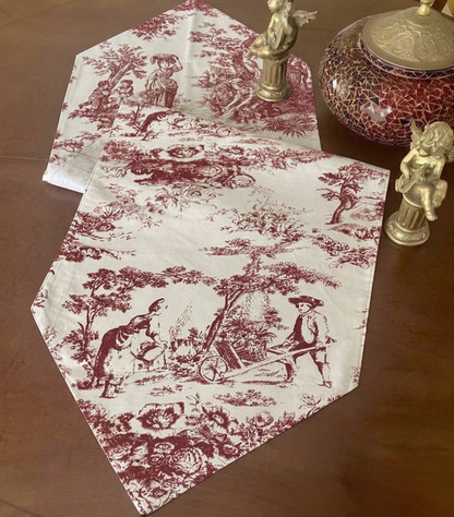 Red Toile de Jouy Crimson Cotton Table Runner | French Print Dining
