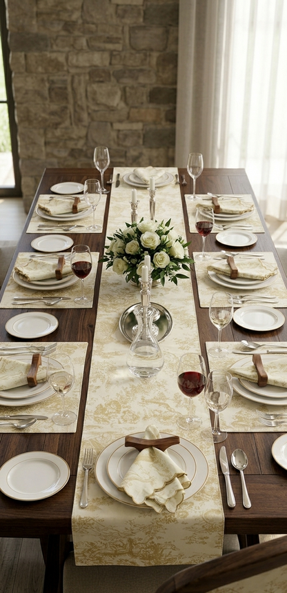 Beige Toile de Jouy Table Trio | Runner, Placemats & Napkins Set for 6