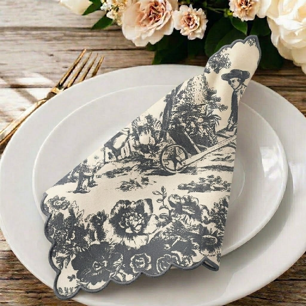 Smoke Grey Toile de Jouy Dinner Napkins | Embroidered Set of 6