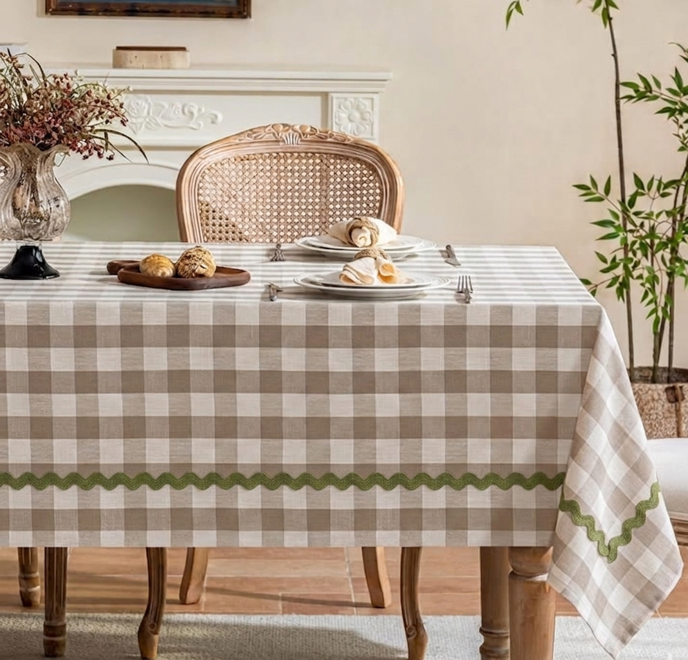 Beige Gingham Cotton Table Cover | Classic Check Print