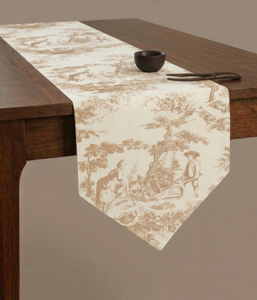 Beige Toile de Jouy Cotton Table Runner | French Print Dining Runner
