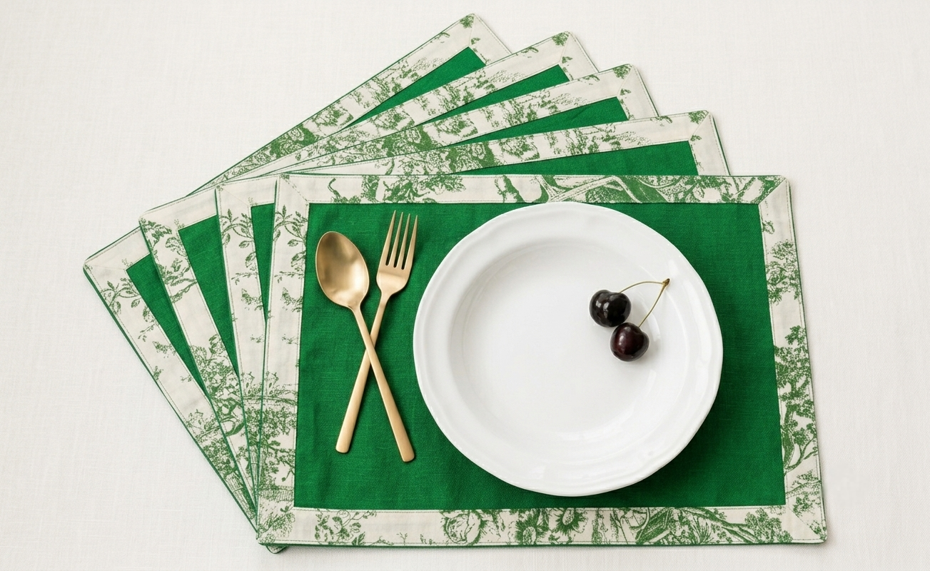 Green Toile Frame Placemat Set of 6 | Double Layer Organic Cotton