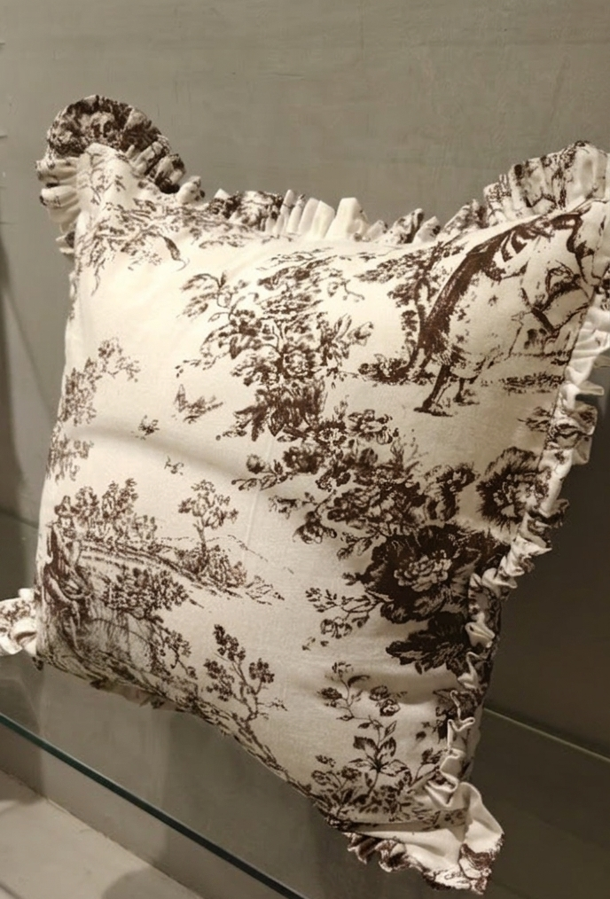 Close-up of brown Toile pattern on cotton cushion - Viraasa