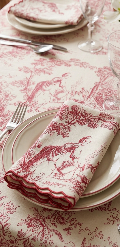 Red Toile de Jouy Table Cover & Napkins Set | Table Cover with 6 Scallop Napkins