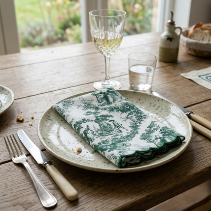 Green Toile de Jouy Scallop Linen Napkins Set of 6 | Premium French Dining