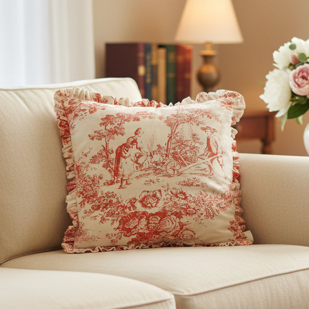 Brick Pink Toile de Jouy Cushion Cover - Viraasa luxury French print decor
