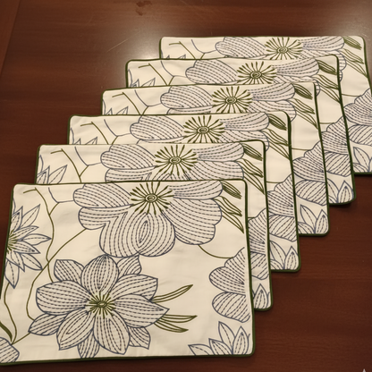 Flora Bloom Line Embroidered Cotton Table Mats Set of 6 | Dining Decor