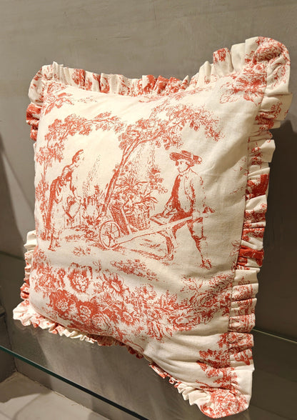 Brick pink Toile cushion styled on sofa - Viraasa luxury home