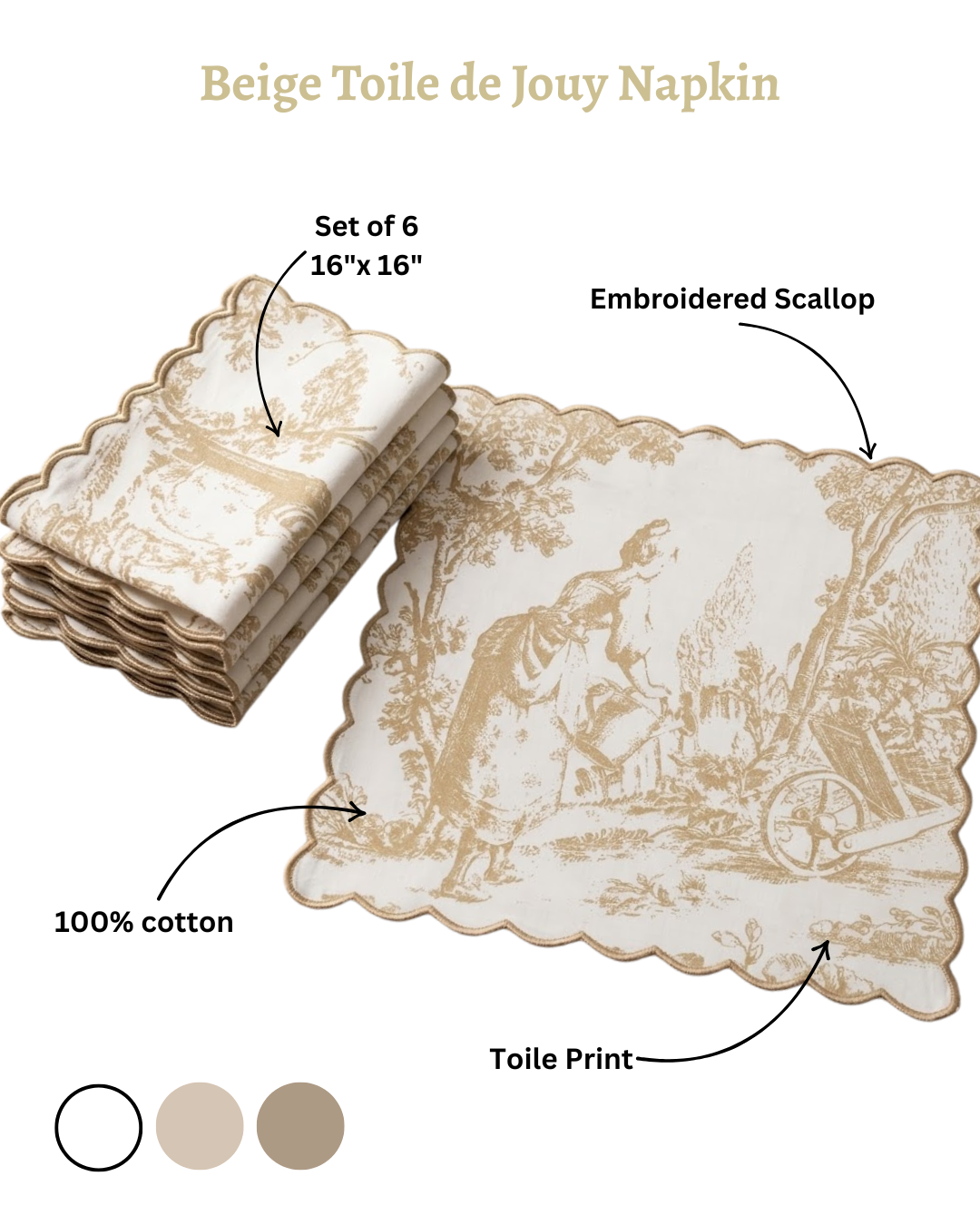 Golden Beige Toile de Jouy Napkins for Festive Tables | Set of 6