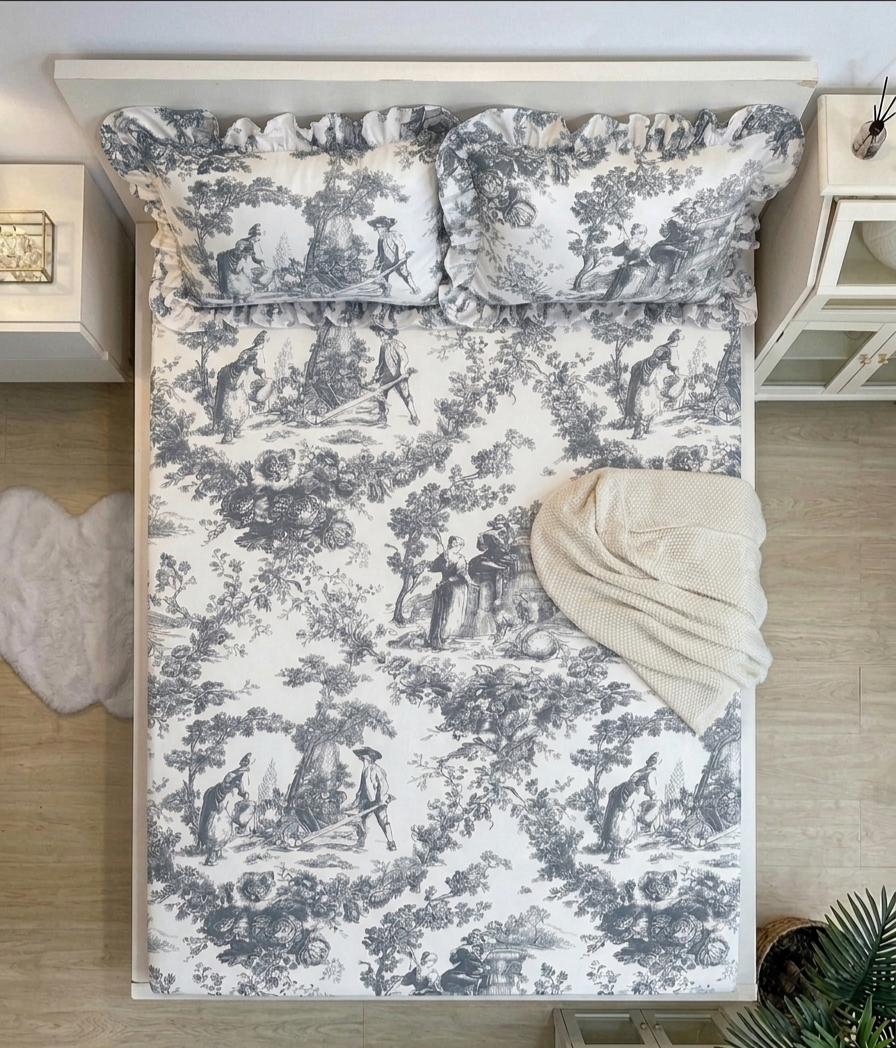 Grey Toile de Jouy Cotton Bedsheet Set of 3 | Luxury French Print Bedding