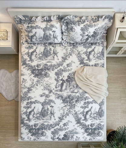 Grey Toile de Jouy Cotton Bedsheet Set of 3 | Luxury French Print Bedding