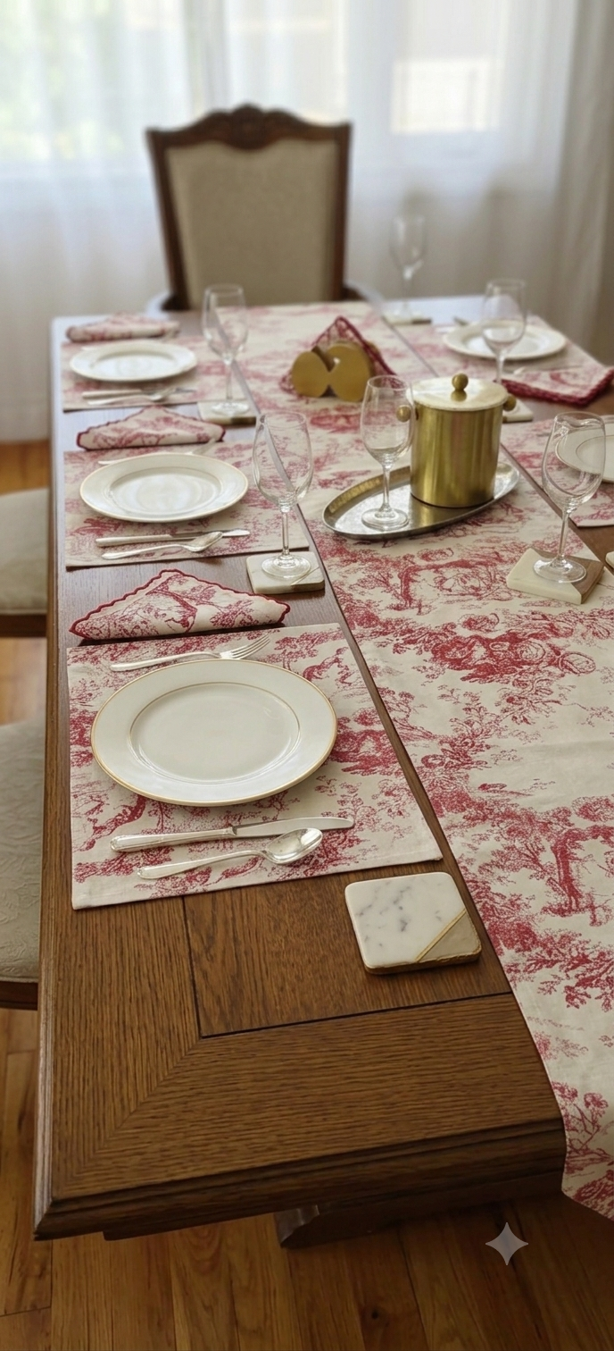 Red Toile de Jouy Table Trio | Runner, Placemats & Napkins Set for 6