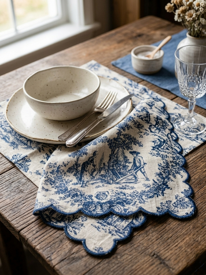 Dining table setting with blue and white patterned Napkin, ceramic bowl, and glass.