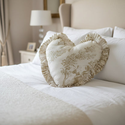 Beige Toile heart-shaped cushion print detail - Viraasa romantic home decor