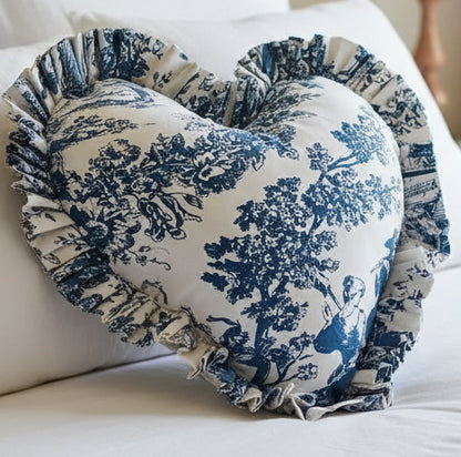 Blue Toile de Jouy Heart Cushion Cover - Viraasa luxury French print decor