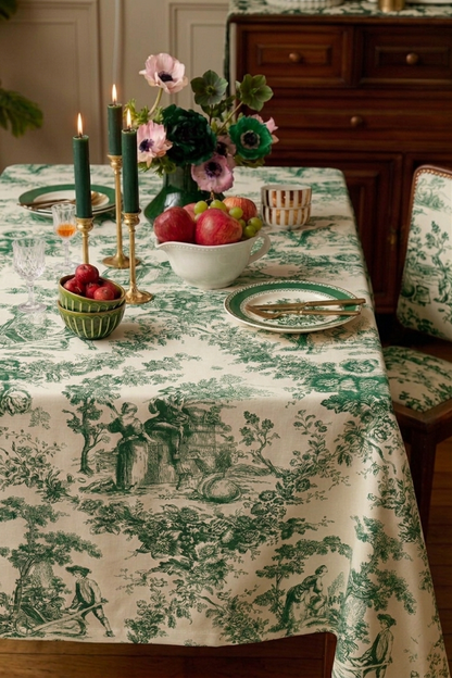 Green Toile de Jouy Cotton Table Cover | French Print Tablecloth