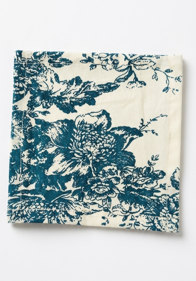 Blue Toile de Jouy print detail on cocktail napkin - Viraasa