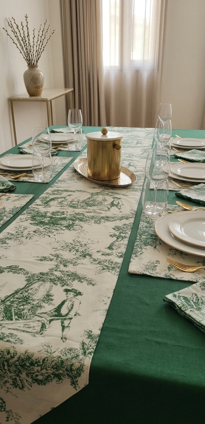 Green Toile de Jouy Complete Table Setting | Solid Cover, Runner, Placemats & Napkins Set