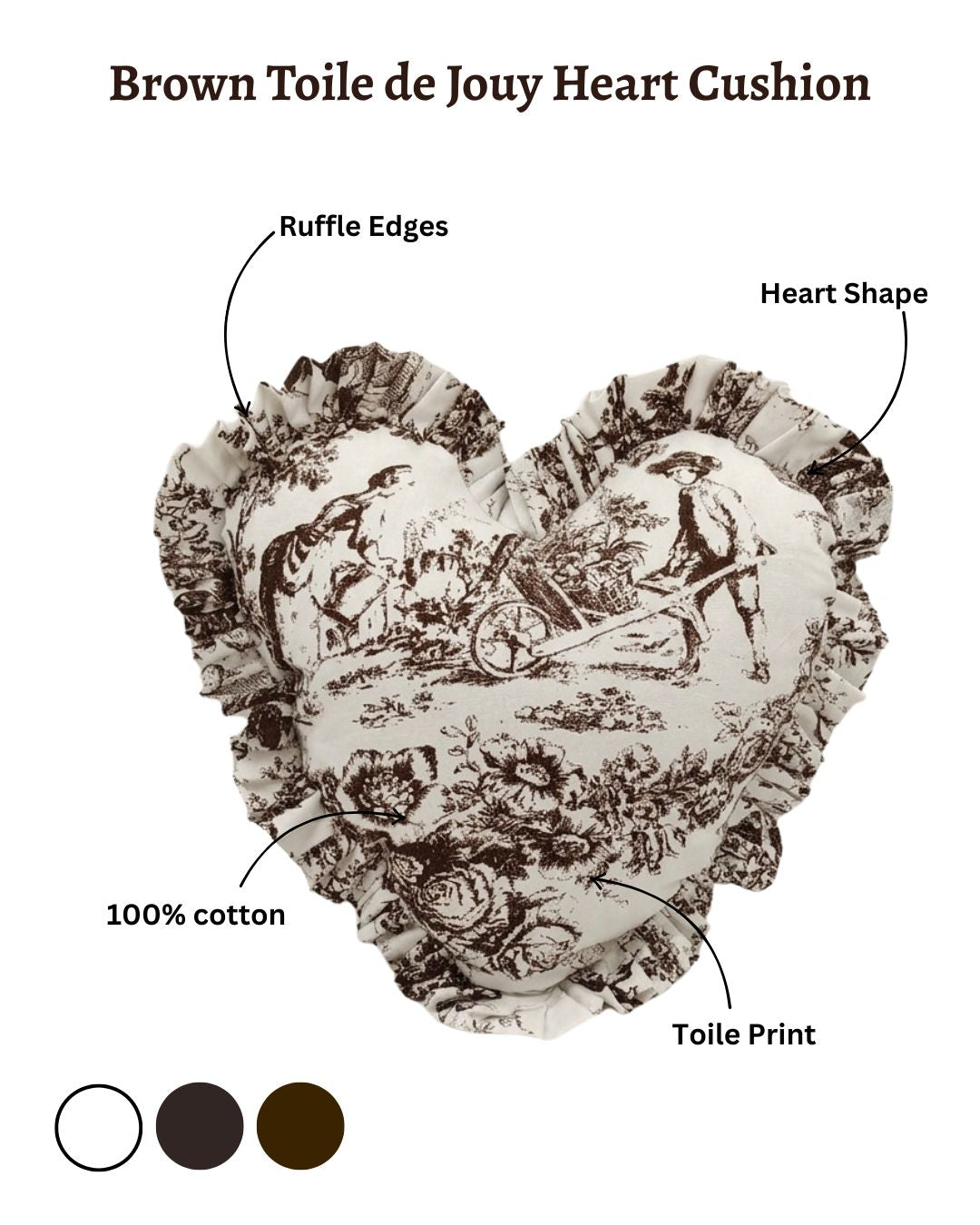 Brown Toile de Jouy Heart Filled Cushion | Vintage French Print Decor