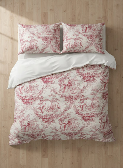 Red and white patterned duvet set on a wooden bed frame