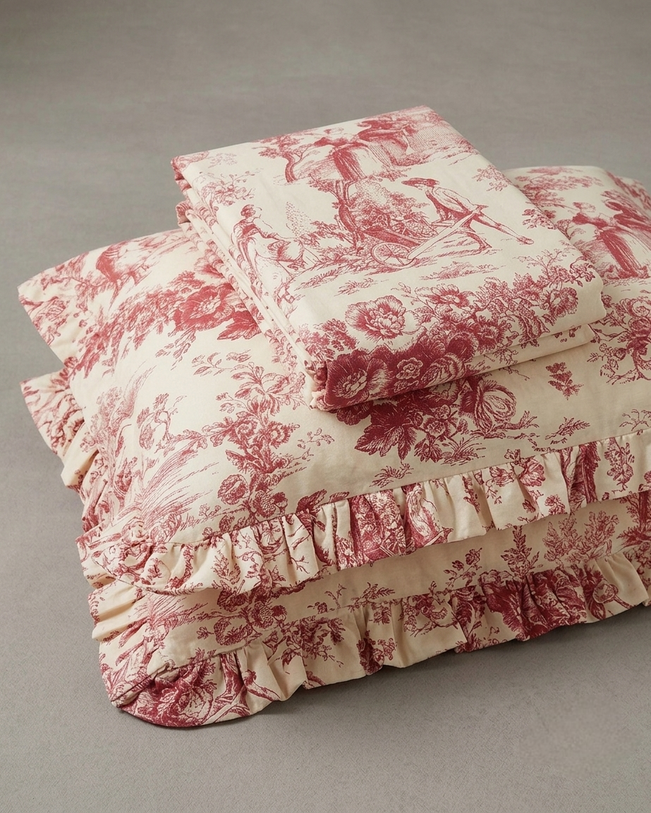 Red Toile de Jouy Cotton Bedsheet Set of 3 | Luxury French Print Bedding