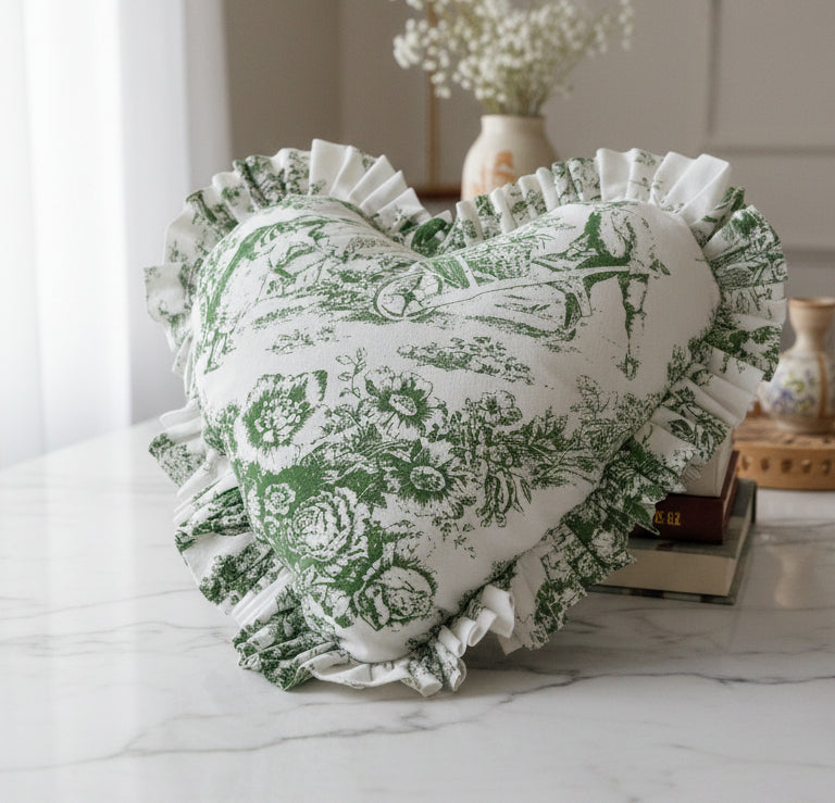 Green Toile heart-shaped cushion print detail - Viraasa romantic home decor