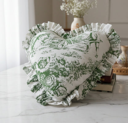 Green Toile heart-shaped cushion print detail - Viraasa romantic home decor