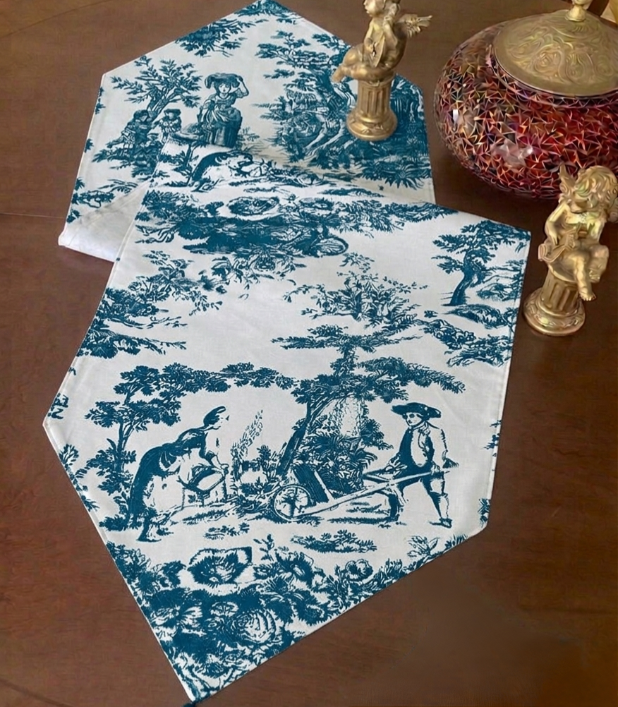 Blue Toile de Jouy Azure Cotton Table Runner | French Print Dining