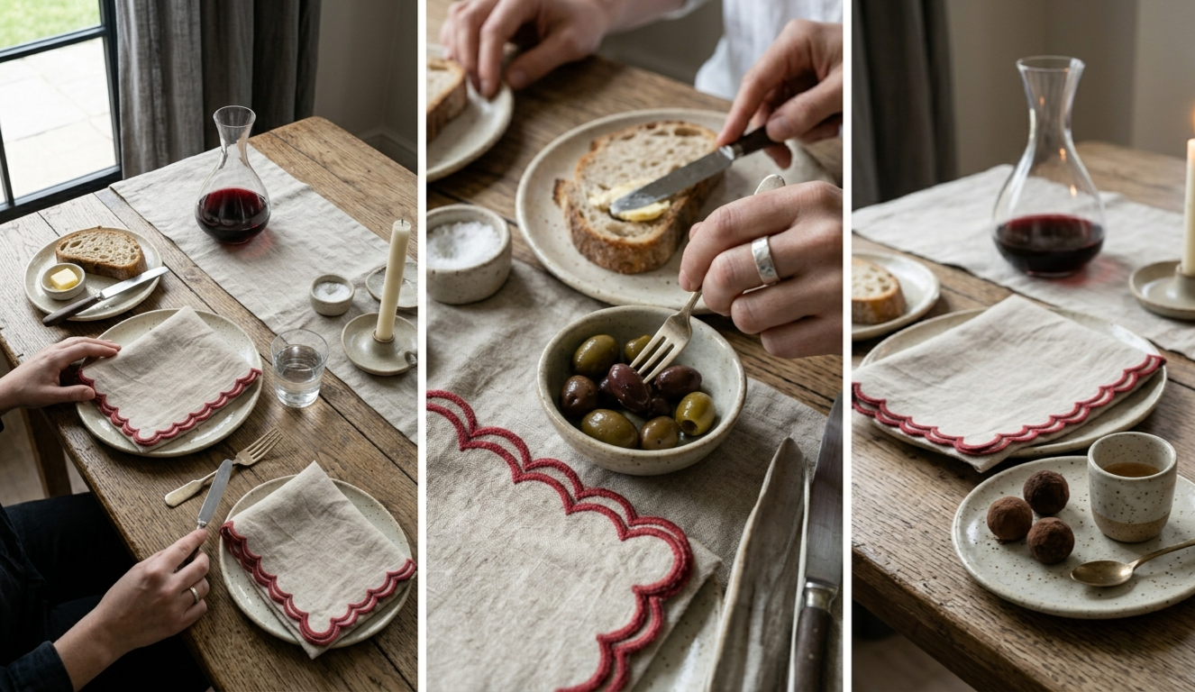 Beige Ember Scallop Embroidered Cotton Napkins Set of 6 | Dining Decor