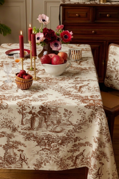 Brown Toile de Jouy Cotton Table Cover | French Print Tablecloth
