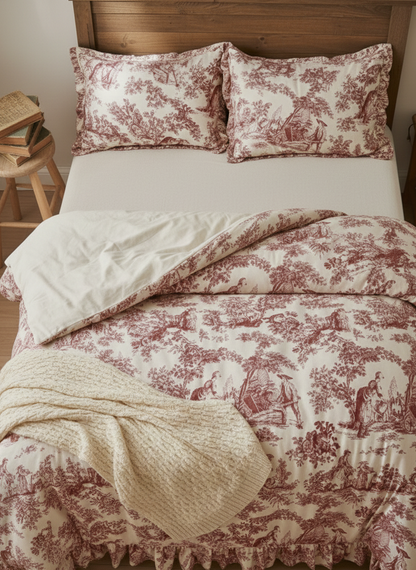 Red Toile de Jouy 3-Piece Comforter Set | Luxury French Print Bedding