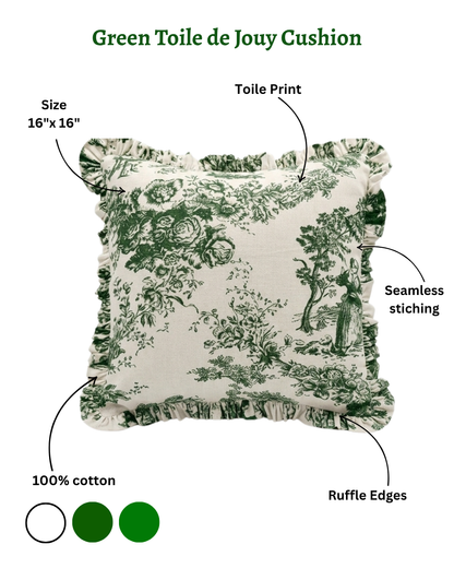 Green Toile de Jouy Filled Cushion | Vintage French Print Home Decor