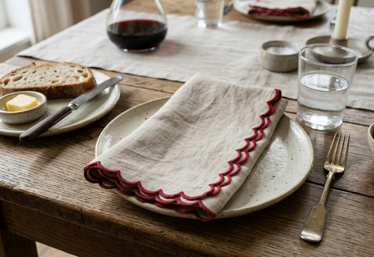 Beige Ember Scallop Embroidered Cotton Napkins Set of 6 | Dining Decor