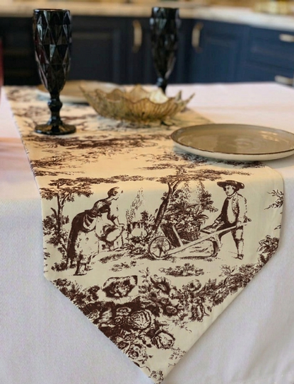 Brown Toile de Jouy Cocoa Cotton Table Runner | French Print Dining