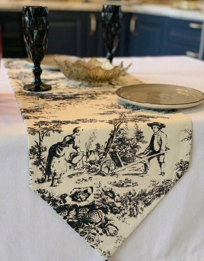 Black Toile de Jouy Noir Cotton Table Runner | French Print Dining
