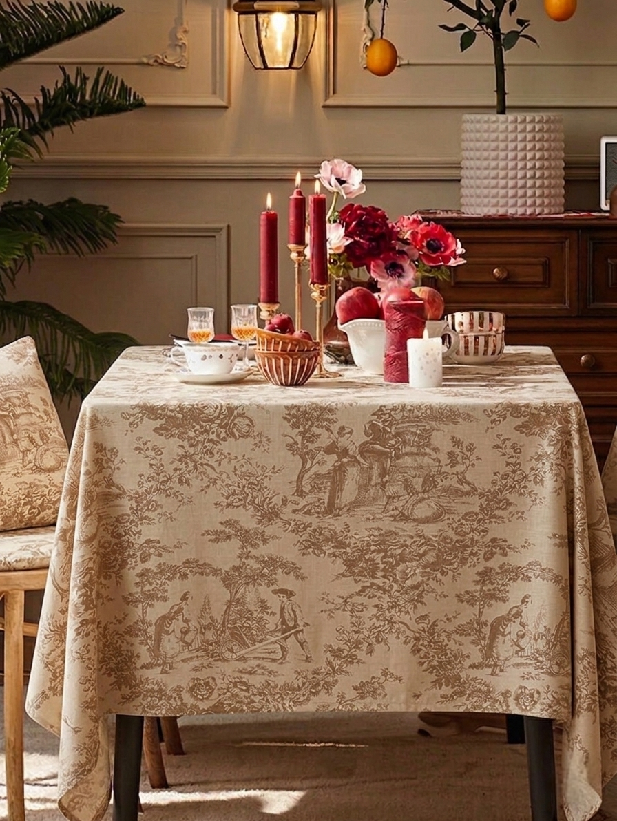 Beige Toile de Jouy Cotton Table Cover | French Print Tablecloth