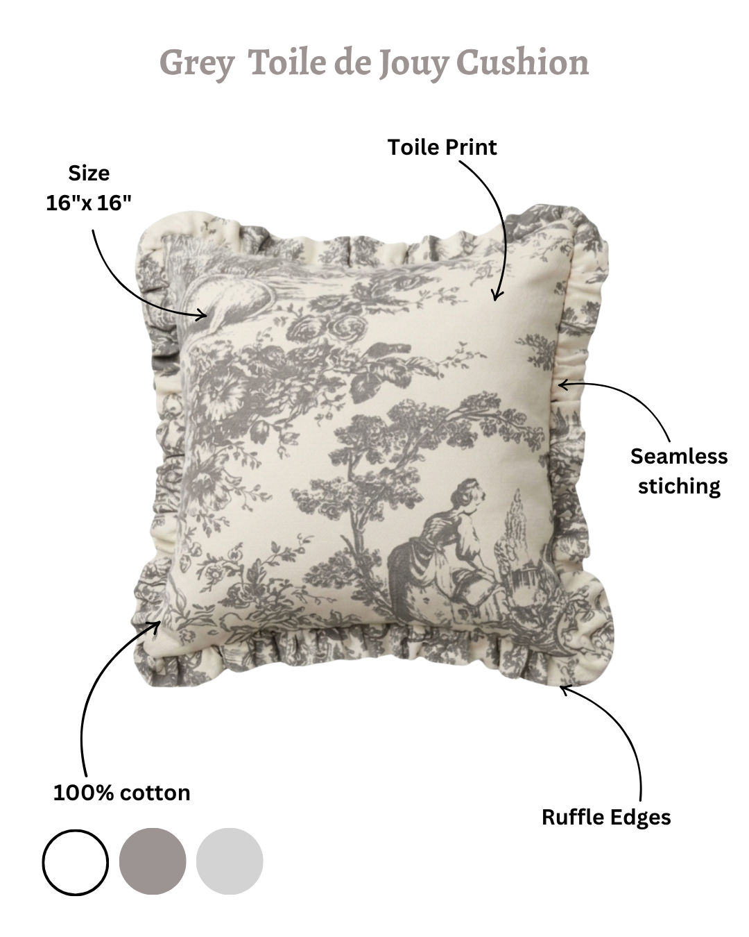 Grey Toile de Jouy Filled Cushion | Vintage French Print Home Decor