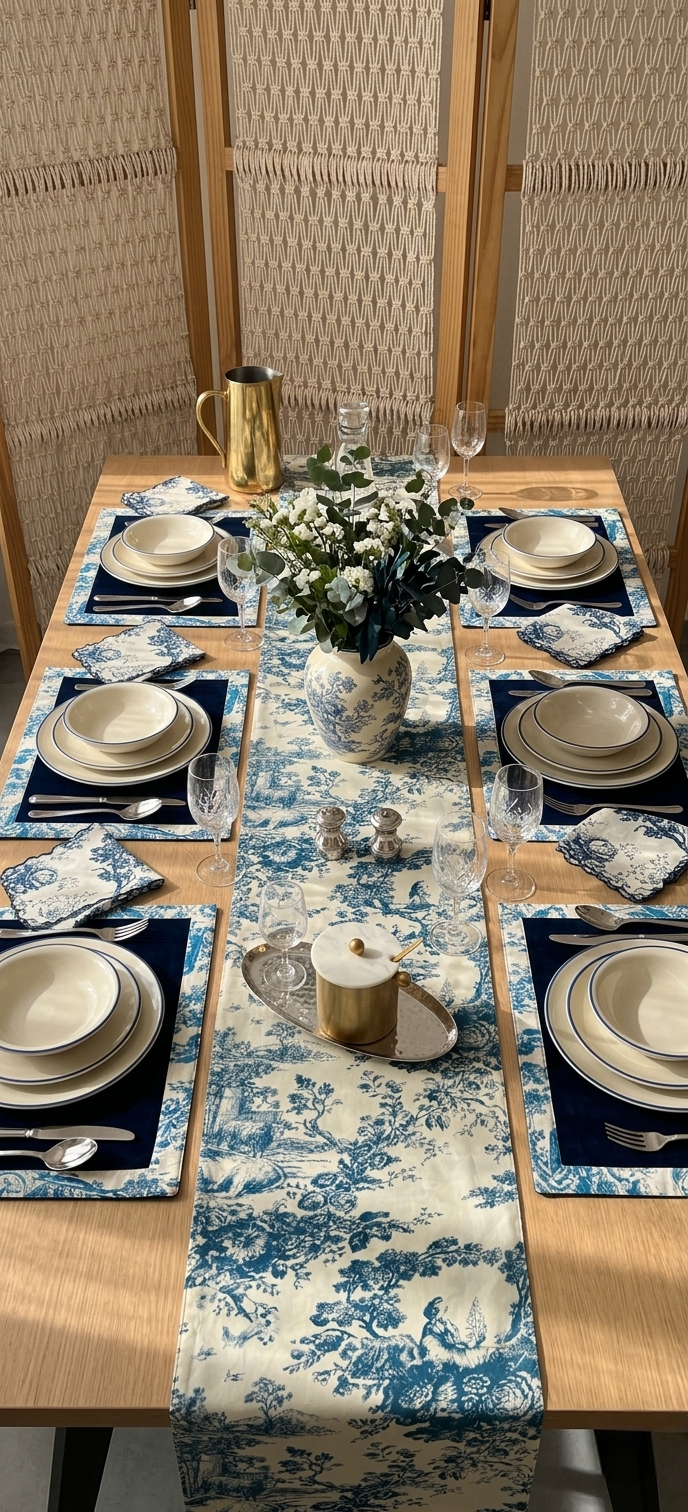 Blue Toile Frame Table | Runner, Placemats & Scalloped Napkins Set