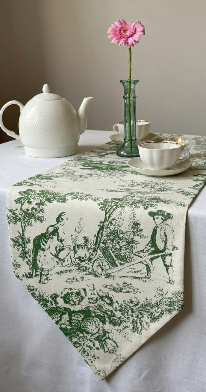 Green Toile de Jouy Sage Cotton Table Runner | French Print Dining Decor