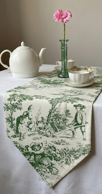 Green Toile de Jouy Sage Cotton Table Runner | French Print Dining Decor