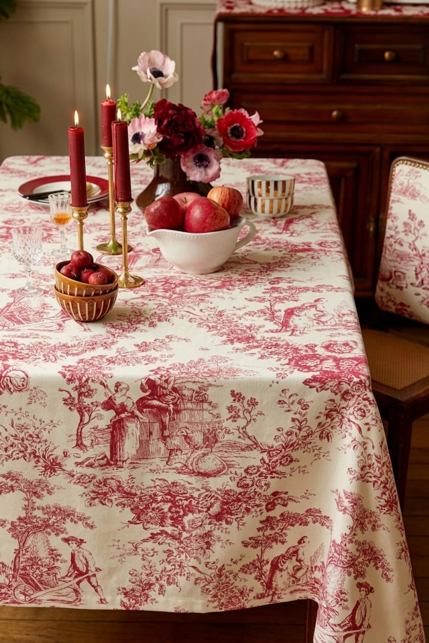 Red Toile de Jouy Cotton Table Cover | French Print Tablecloth