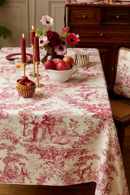 Red Toile de Jouy Cotton Table Cover | French Print Tablecloth