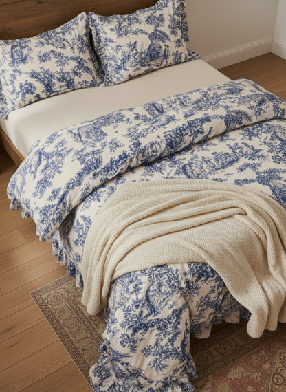 Blue Toile de Jouy 3-Piece Comforter Set | Luxury French Print Bedding