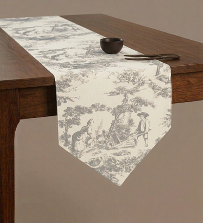 Grey Toile de Jouy Cotton Table Runner | French Print Dining Runner