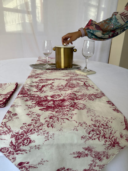 Red Toile de Jouy Table Trio | Runner, Placemats & Napkins Set for 6