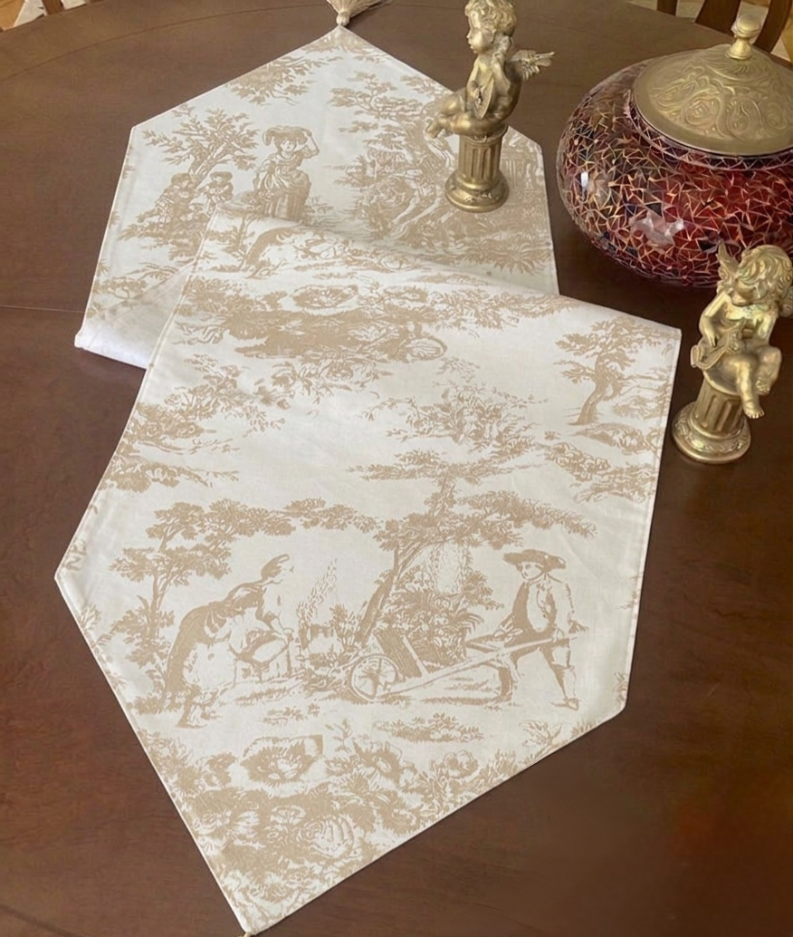 Beige Toile de Jouy Cotton Table Runner | French Print Dining Runner