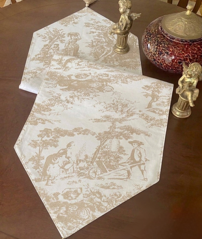Beige Toile de Jouy Cotton Table Runner | French Print Dining Runner
