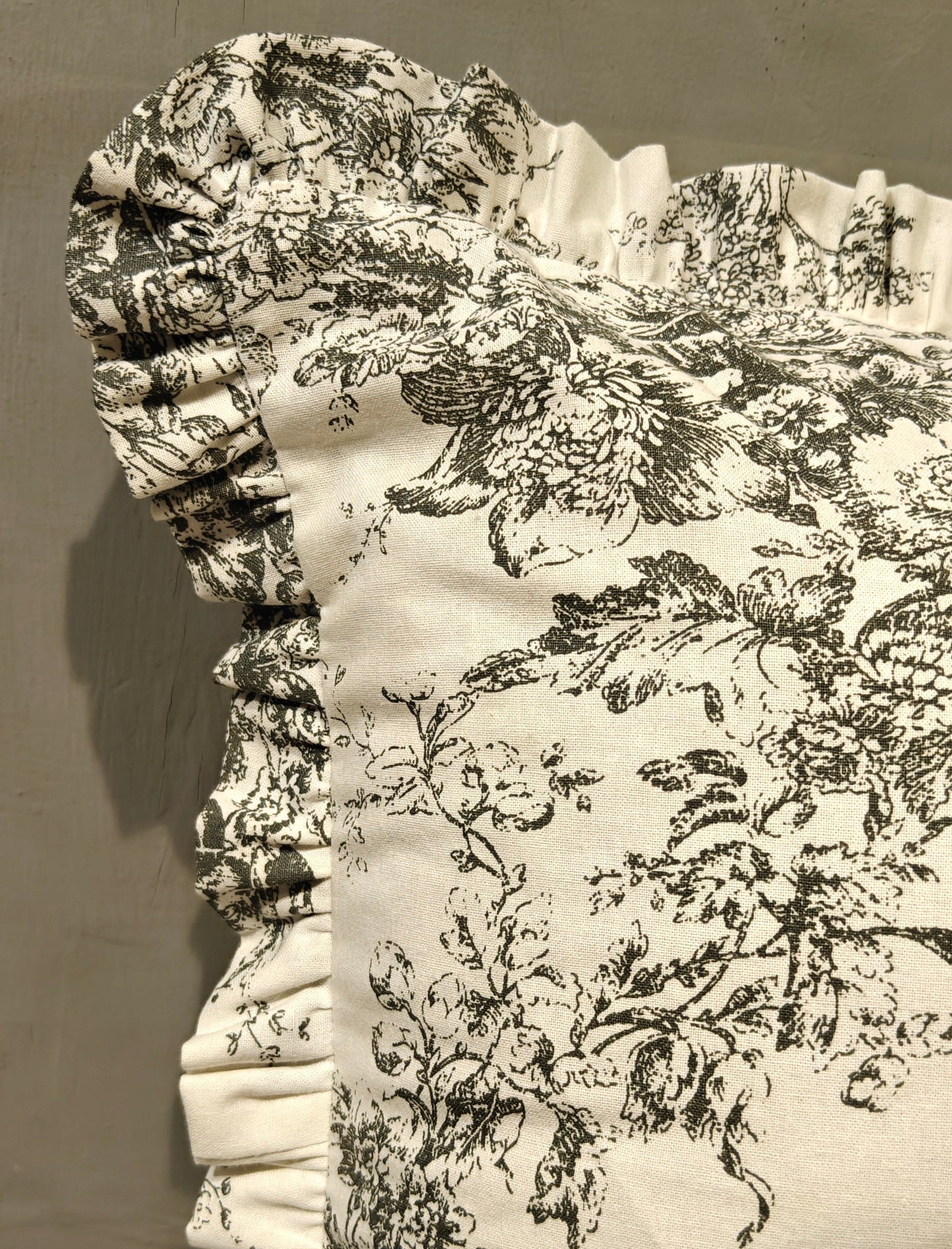 Close-up of grey Toile pattern on cotton cushion - Viraasa