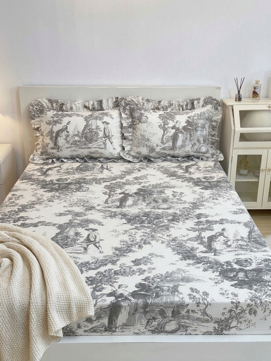 Grey Toile de Jouy Cotton Bedsheet Set of 3 | Luxury French Print Bedding