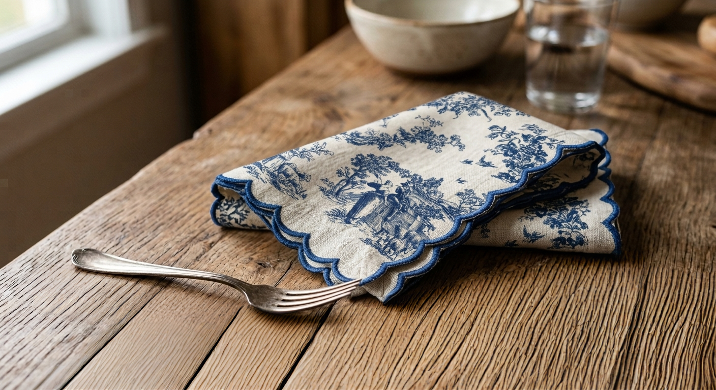 Folded blue and white patterned napkin on a wooden table with a fork beside it.